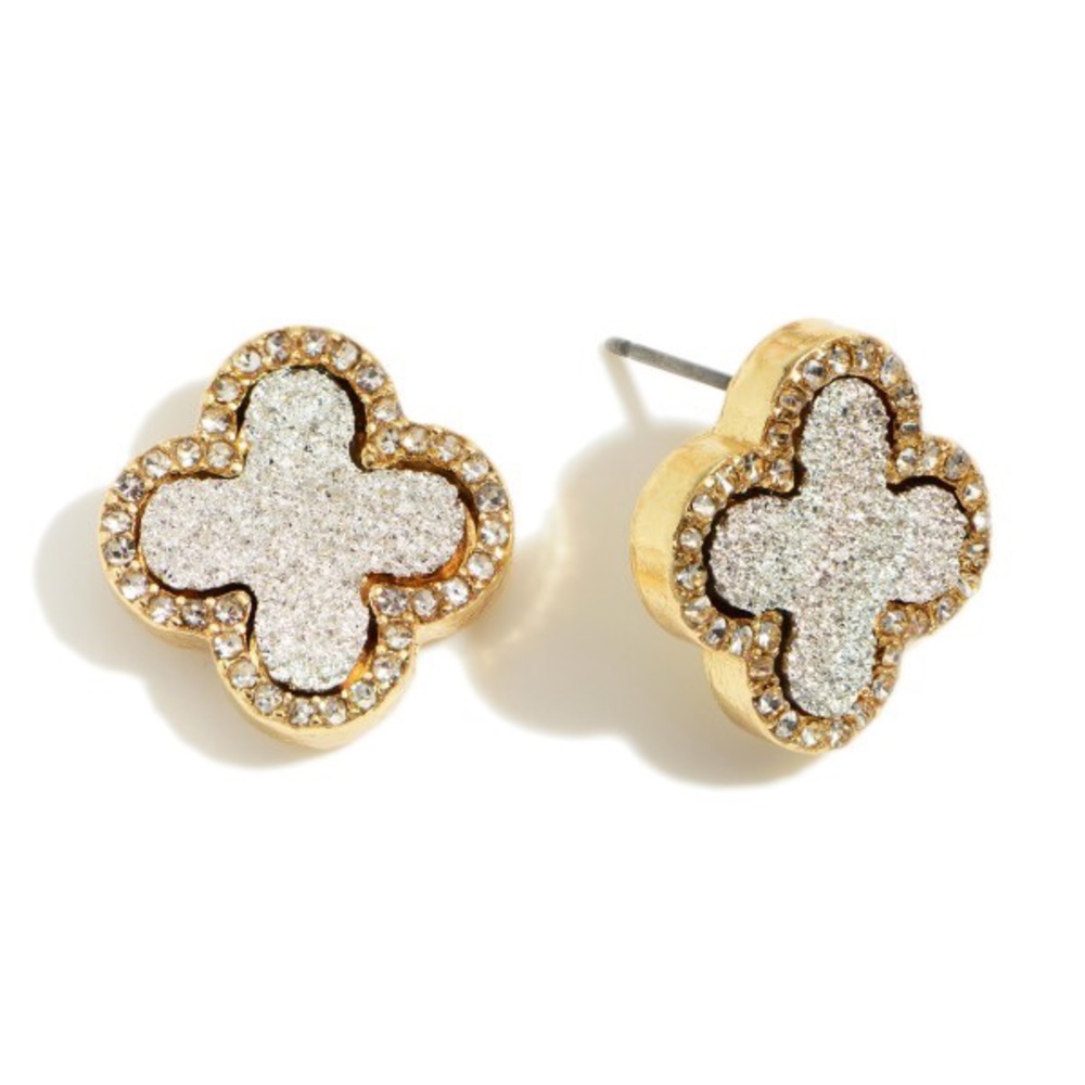 Silver Clover Shaped Druzy Earrings